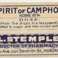 Printed label for medicine container, Spirit of Camphor, from Stemple Pharmacy, 266 Seventh St., Hoboken, no date, ca. 1930.