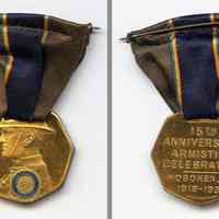 Medal: American Legion. 15th Anniversary Armistice Celebration. Hoboken, N.J. 1918-1933. Belonging to Hoboken WWI veteran Frank Anthony Lannvier.