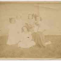 Sepia tone photo of Florence & Madeline Miller with three friends in backyard, 716 Bloomfield St., Hoboken, n.d., ca. 1895-1897.