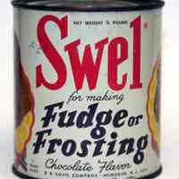 Can: Swel for making Fudge or Frosting. Chocolate Flavor. 3/4 lb. Made by R.B. Davis Co., Hoboken. N.d., ca. 1950-1955.