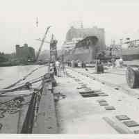          B+W photo of the construction of Pier 5 (formerly Pier 14) at the Bethlehem Steel Shipyard, Hoboken Division, Sept. 18, 1957. picture number 1
   