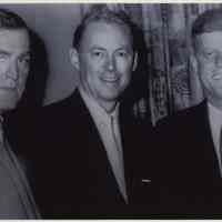 B+W photo of Presidential candidate John F. Kennedy with Congressman Neil Gallagher & County Sheriff Bill Flanagan, ca. Sept. - Oct. 1960.