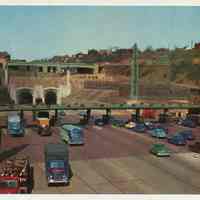 Postcard: color photo of Lincoln Tunnel, N.J. toll plaza, Weehawken, n.d., ca. late 1940s or early 1950s.