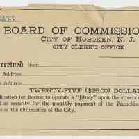 Blank form, Board of Commissioners, City of Hoboken, receipt for Jitney license & franchise tax, ca. 1915-1930.