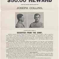 Reward poster offering $50.00 for U.S. Army deserter Joseph Collins, Hoboken native, issued December, 1909.