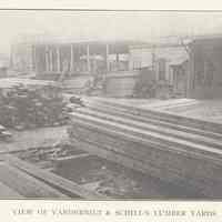 Two printed B+W photographs of Vanderbilt & Schill facilities, lumber & timber, near Fourteenth & Washington Sts., Hoboken, no date, ca. 1906-1908.
