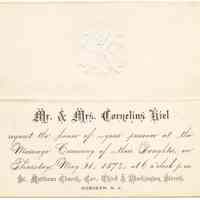 Wedding invitation: Mr. & Mrs. Cornelius Kiel for marriage of daughter, St. Matthaus Church, Hoboken, May 21, 1874.