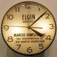 Advertising wall clock used in Marcus Jewelers, Inc. 106 Washington St., Hoboken, no date, from the early 1940