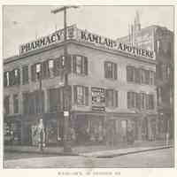 Printed B+W photograph of William Kamlah, Pharmacy, 86 Hudson St. Hoboken, no date, ca. 1906-1908.