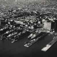 B+W aerial photo of Bethlehem Steel Corp. Hoboken Yard with caption, Hoboken, n.d., ca. 1958.