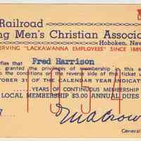 Membership card: The Railroad YMCA, Hoboken. Belonging to Fred Harrison, 1957.