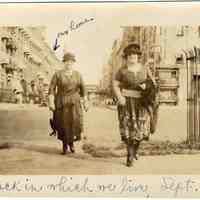 Digital image of sepia-tone photo of Lisbet Toepfer (left) and a woman named Amelia at 2nd & Bloomfield Streets, Hoboken, September 1921.