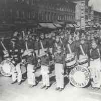 B+W photostatic copy of image of Our Lady of Grace Marching Band posed on Washington Street, Hoboken, no date, ca. 1950.