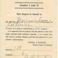 Report card of Katherine Marinovich for grade 1B, Public School No. 6, for term ending January, 1941, Hoboken, 1941.