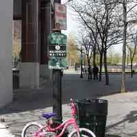 Color photos, 6, of Hudson River Waterfront Walkway signs; Tree City USA sign; near Warrington Plaza, Hudson Pl., Hoboken Terminal, Hoboken, Apr. 14, 2012.