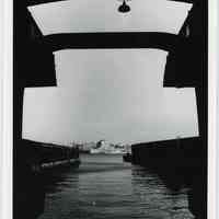 B+W photo of empty ferry slip in former ferry section, Lackawanna Terminal, Hoboken, n.d., ca. early 1970s.