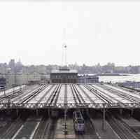 Digital color image of aerial view of Hoboken Terminal looking east towards the Hudson River, Hoboken, no date, [2004].