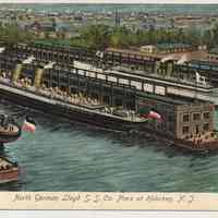 Postcard: North German Lloyd S.S. Co. Piers at Hoboken, N.J. No date, circa 1901-1905; unposted. Center panel of a triptych.