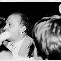 B+W photo of Tom Vezzetti with supporters on election night, Hoboken, [June 11, 1985].