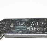 Can opener engraved with business name, C. & J. Willenborg, Inc., Hoboken, N.J. N.d., ca. 1950-1970.