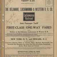 TARIFF E-29. DELAWARE, LACKAWANNA & WESTERN R.R. CO. Joint Passenger Tariff of 1st Class 1-way fares from Stations on the D.L & W. R. R. (June 10, 1918.)