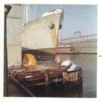 Image: color photo of the S.S. Crna Gora moored at pier D, Hoboken, no date, ca. 1965.