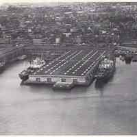 B+W aerial photo of Port Authority Pier C, River St. at 4th St. & Hudson River, Hoboken, n.d., ca. 1965-1968.