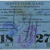 Inspection Card. (Immigrants & Steerage Passengers.) Issued Rotterdam; Noordam, Holland-America Line, 1912.