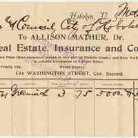 Bill from Allison Mather, Real Estate, Insurance & Coal, 53 Washington St., Hoboken, March 2, 1900, to City for insurance.