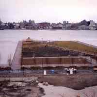 Color photo of an elevated view of construction progress of Pier A Park, Hoboken, 1999.