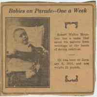 Newspaper clipping with feature "Babies on Parade--One A Week" from unidentified newspaper, Hoboken, 1913.
