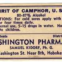 Printed container label, Spirit of Camphor, from Washington Pharmacy, 736 Washington Street, Hoboken, no date, ca. 1950-1960.