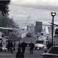 B+W photo of NJ Governor Chris Christie et al after arriving at Pier A Park, Hoboken, by helicopter, Nov. 4, 2012.