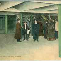 Digital image of Hudson & Manhattan R.R. postcard titled: Hudson Tunnels, Mezzanine Floor, Hoboken Terminal. 1908.