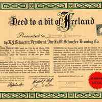 Deed to a bit of Ireland presented to James Quinn, proprietor of the Elysian Cafe, F. & M. Schaefer Brewing Company, Brooklyn, N.Y., March 12, 1960.