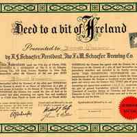 Deed to a bit of Ireland presented to James Quinn, proprietor of the Elysian Cafe, F. & M. Schaefer Brewing Company, Brooklyn, N.Y., March 12, 1960.