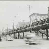 B+W copy photo of elevated streetcar railway looking northwest on Ferry Street to corner of Washington Street, Hoboken, 1948.