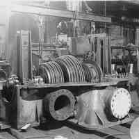 B+W photo of low pressure turbine rotor in bottom casing of the SS Bonheur, machine shop, Hoboken, no date, probably Feb. 1938