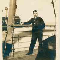          B+W photo of a steward aboard the S.S. Saint Paul, North German Lloyd Line, North Atlantic?, 1914. picture number 1
   