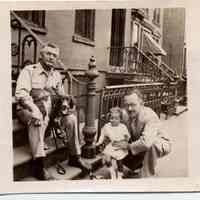 Digital image of a sepia-tone photo of a ca. 2-year old child with two men on a stoop, no place (Hoboken?), no date, ca. 1940.