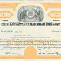 Stock certificate: Erie-Lackawanna Railroad Co., yellow-orange, for 1000 shares common stock, dated Nov. 22, 1960.