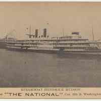 Trade card: "The National" (cleaners), 601 Washington St., Hoboken,; image steamboat Hendrick Hudson at Fletcher shipyard, Hoboken, n.d, ca. 1906-1910.