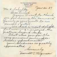 Digital image of letter to Ken Schultz from Harriet Ferguson on the letterhead of the Mary Stevens Hammond Memorial Home, Jan. 26, 1957.