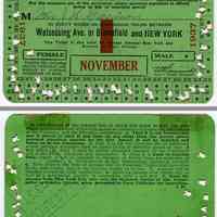 Ticket, transportation: D.L. & W. R.R. monthly commutation, Watessing Ave. or Bloomfield to N.Y., Nov. 1937.
