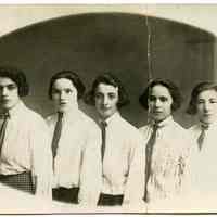 Sepia-tone photo of Edith Pencak (left; later wife of William Schubin) with 4 other women, Gorlice, Poland, Oct. 1924.