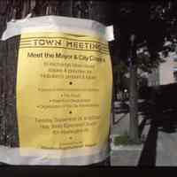 Color slide of flyer on utility pole for Town Meeting; Meet the Mayor and City Council, Tuesday, September 24th, Hoboken, ca. September 1983.