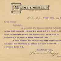 Letter: Mayor Lawrence Fagan to Hoboken City Council, Oct. 12, 1898, re boxing match at 116 Washington St. & license revocation.