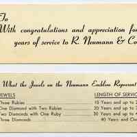 Card, presentation: For service pin, R. Neumann & Co., Hoboken, N.J. N.d., ca. 1950-1960.