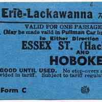 Ticket blank: Erie-Lackawanna R.R. Co.,1-way coach ticket between Essex St. (Hackensack) & Hoboken. N.d., ca. 1961-1965.