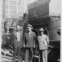 B+W photo of three men standing on dock next to vessel "Big Chief", Hoboken, no date, ca. 1940.